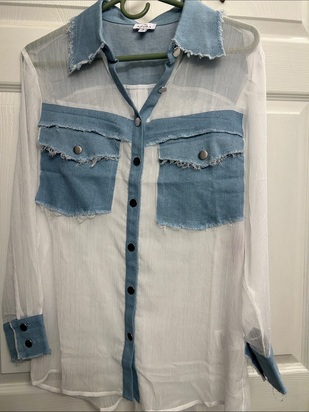 AQUA Sheer White Button-Down Shirt with Light Blue Denim Trim
